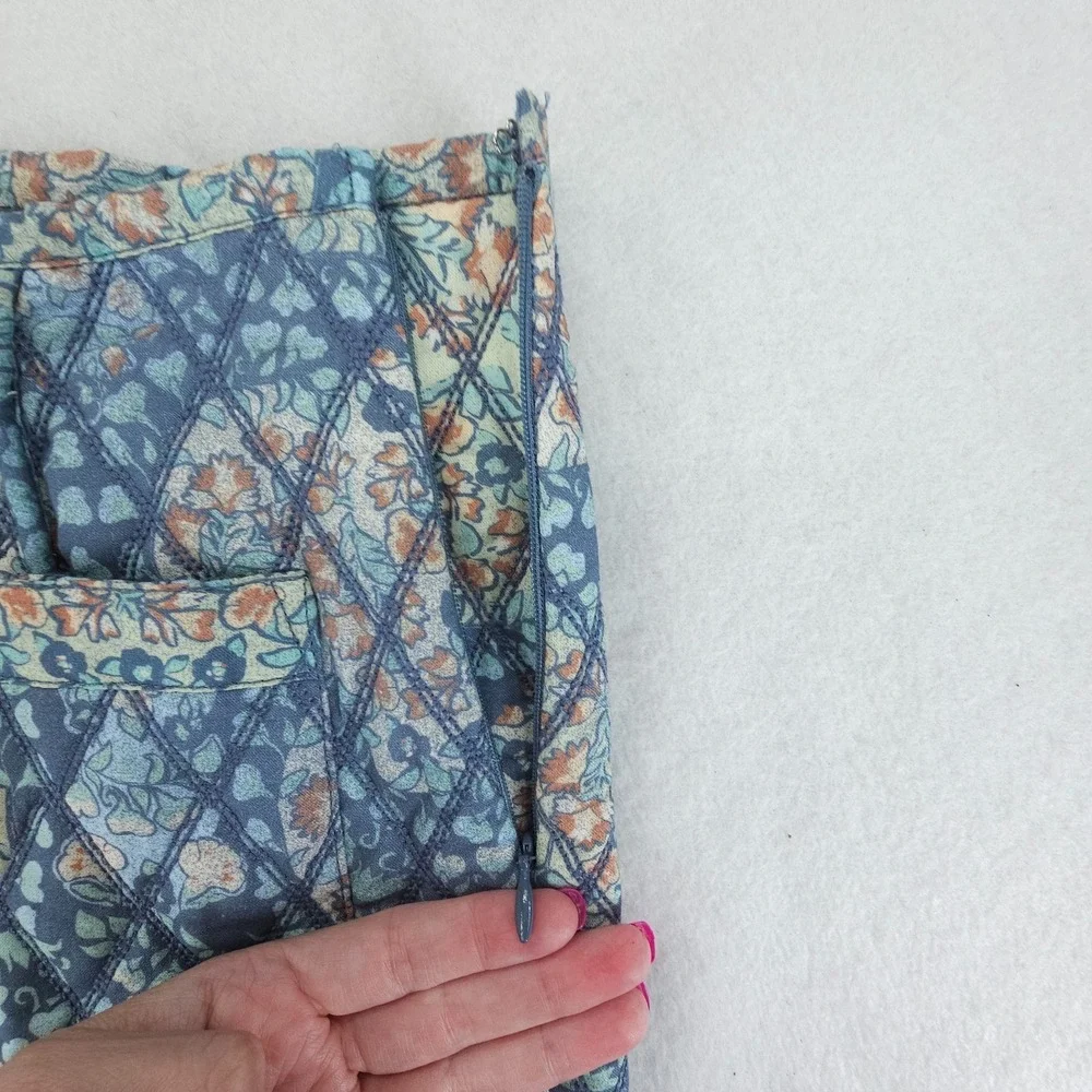 Free People Mini Skirt Womens 8 Blue Husky Floral Quilted Patch Pockets